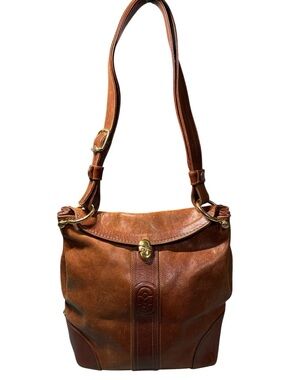 MARINO ORLANDI Italy Tan Vachetta Leather Shoulder Bag Plaid Lining